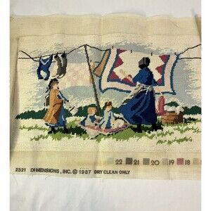 Vintage Wall Hanging Needlecraft Amish Laundry Crewel Yarn Art Unframed 14x9